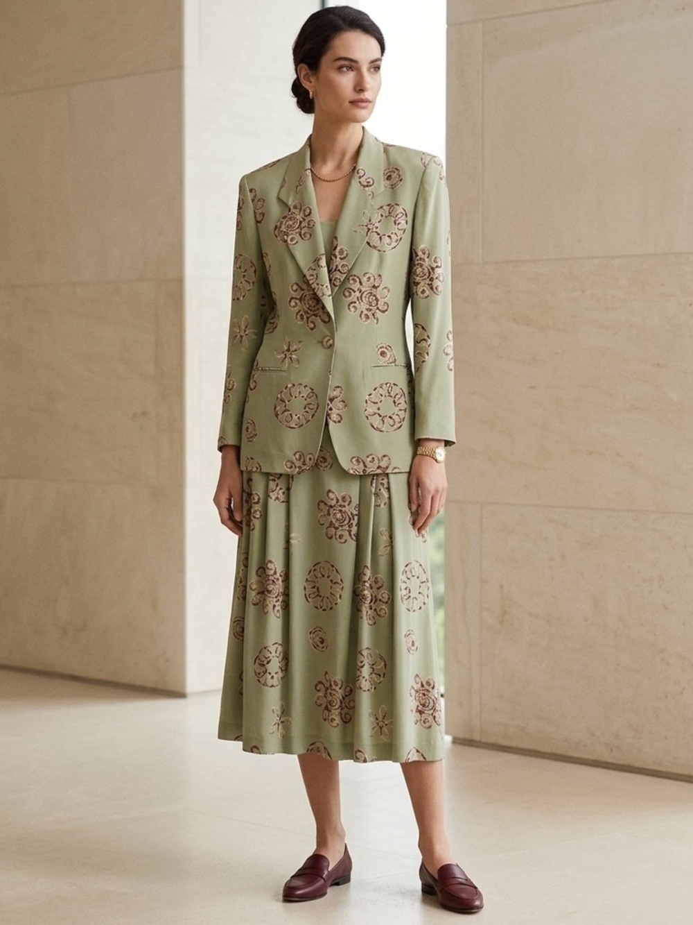 Vintage 90s Silk Skirt Suit Set Size Medium Large Green
